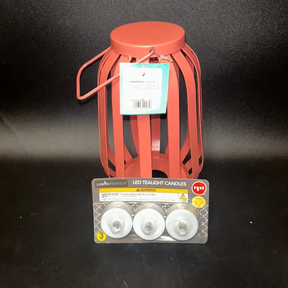 New NWT Coral Pink Caged Lantern Tealight Candle Holder w/ 3 Electric Candles